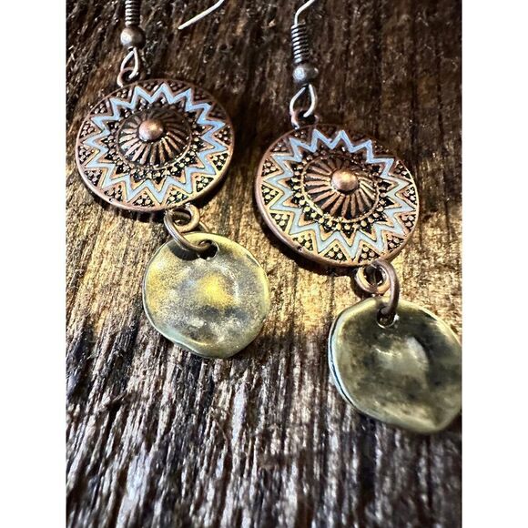 Boho Hippie Western Delicate Copper Sunshine Drop Wire Earrings, Gift Box - Picture 6 of 7